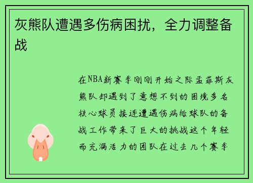 灰熊队遭遇多伤病困扰，全力调整备战