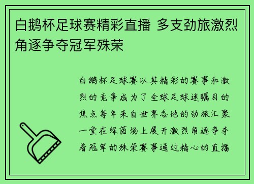 白鹅杯足球赛精彩直播 多支劲旅激烈角逐争夺冠军殊荣